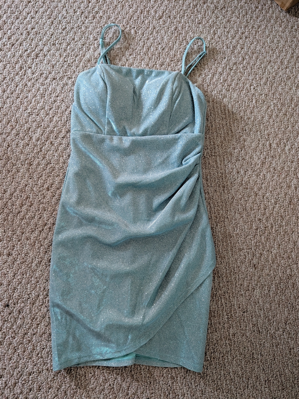 Crystal Doll Sparkle Ruched Mini Dress in Light Aqua